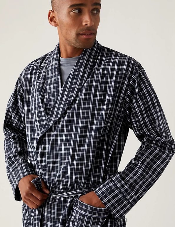 Marks and Spencer sale - Men Blue Mix Clothing Marks & Spencer Cotton Blend Checked Dressing Gown 20VTD5711