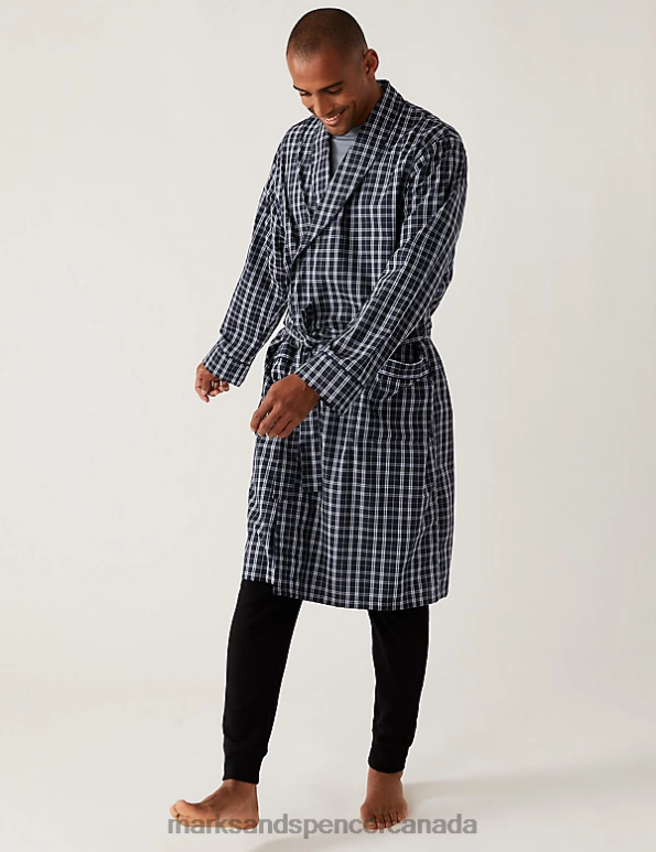 Marks and Spencer sale - Men Blue Mix Clothing Marks & Spencer Cotton Blend Checked Dressing Gown 20VTD5711