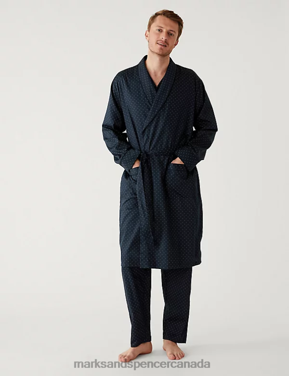 Marks and Spencer Canada - Men Navy Mix Clothing Marks & Spencer Pure Cotton Dressing Gown 20VTD6676