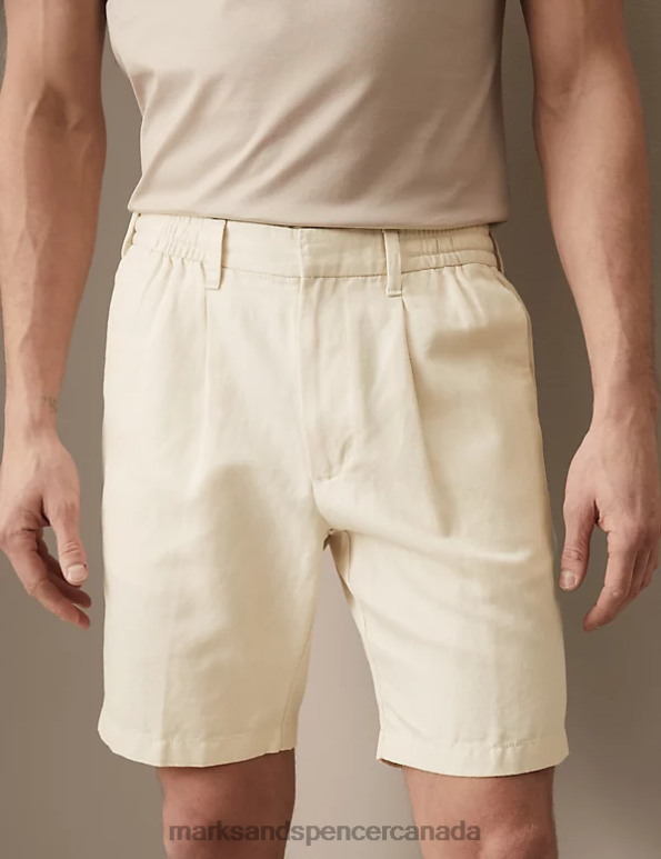 Marks and Spencer sale - Men Ecru Clothing Marks & Spencer Cotton Linen Elasticated Waist Chino Shorts 20VTD5978