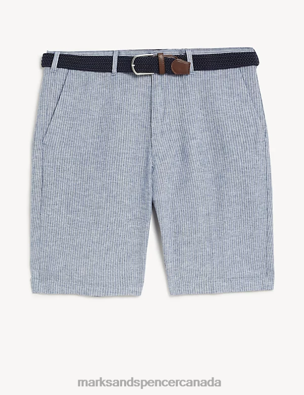 Marks and Spencer near me - Men Navy Mix Clothing Marks & Spencer Linen Blend Striped Belted Chino Shorts 20VTD6754