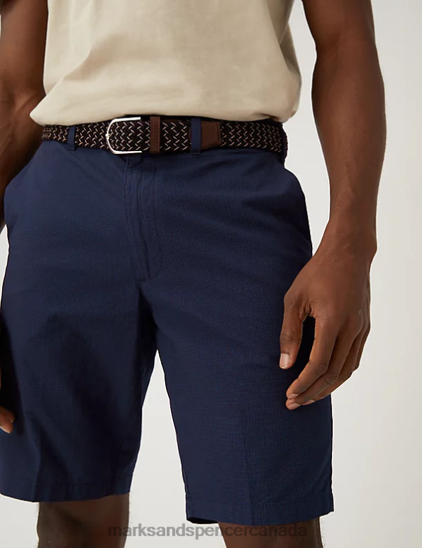 Men Navy Mix Clothing Marks & Spencer Pure Cotton Checked Belted Chino Shorts 20VTD4819 - Marks and Spencer outlet