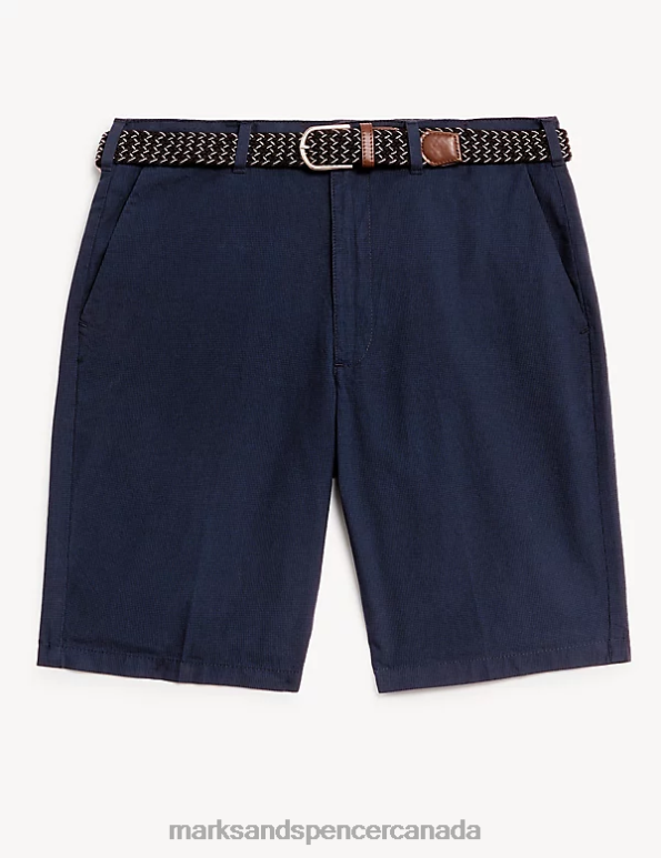 Men Navy Mix Clothing Marks & Spencer Pure Cotton Checked Belted Chino Shorts 20VTD4819 - Marks and Spencer outlet