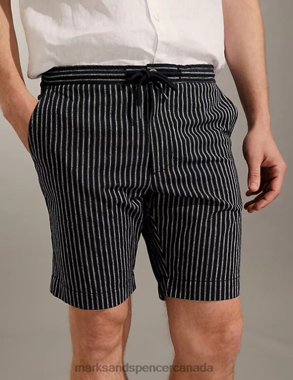 Marks and Spencer sale - Men Navy/White Clothing Marks & Spencer Linen Rich Pinstripe Shorts 20VTD5212