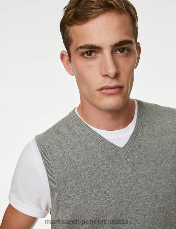 Marks and Spencer near me - Men Grey Marl Clothing Marks & Spencer Pure Cotton Sleeveless Jumper 20VTD6446