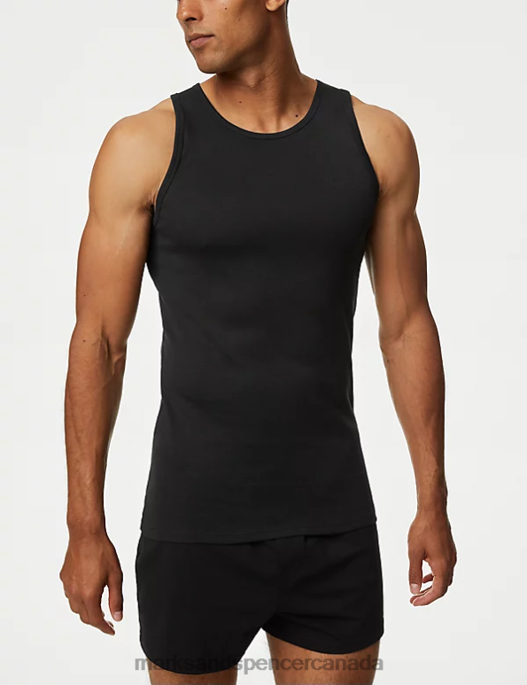 Men Black Clothing Marks & Spencer 3pk Pure Cotton Sleeveless Vests 20VTD5720 - Marks and Spencer Canada locations