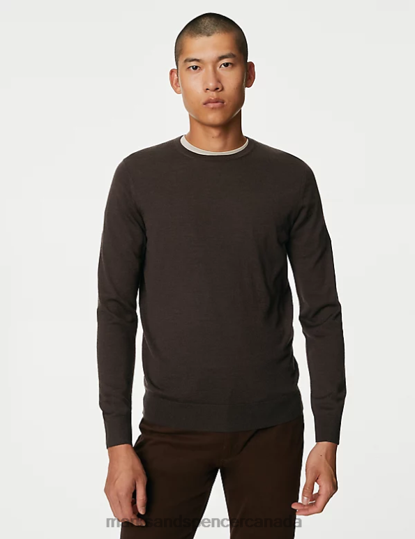 Men Bitter Chocolate Clothing Marks & Spencer Pure Extra Fine Merino Wool Crew Neck Jumper 20VTD5331 - Marks and Spencer Canada locations