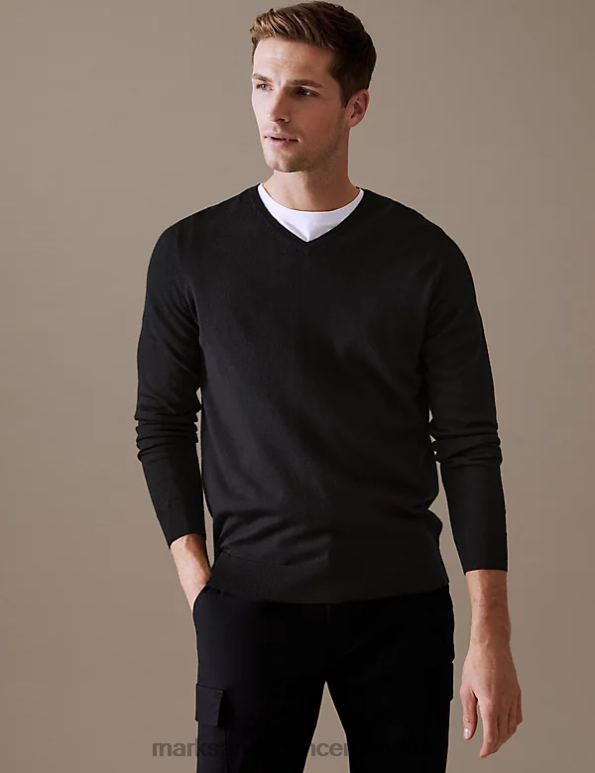 Marks and Spencer Canada - Men Black Clothing Marks & Spencer Pure Extra Fine Merino Wool V-Neck Jumper 20VTD5179