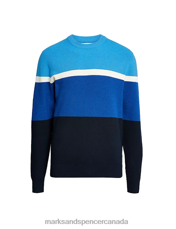 Marks and Spencer Canada - Men Blue Mix Clothing Marks & Spencer Cotton Blend Block Stripe Crew Neck Jumper 20VTD5354
