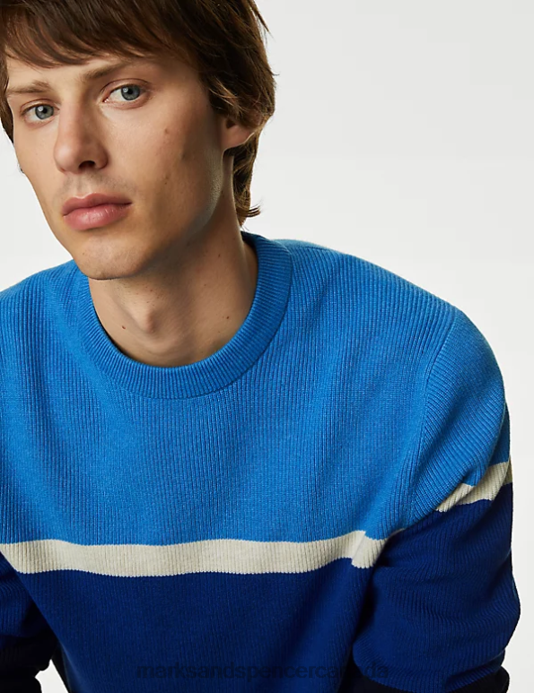 Marks and Spencer Canada - Men Blue Mix Clothing Marks & Spencer Cotton Blend Block Stripe Crew Neck Jumper 20VTD5354