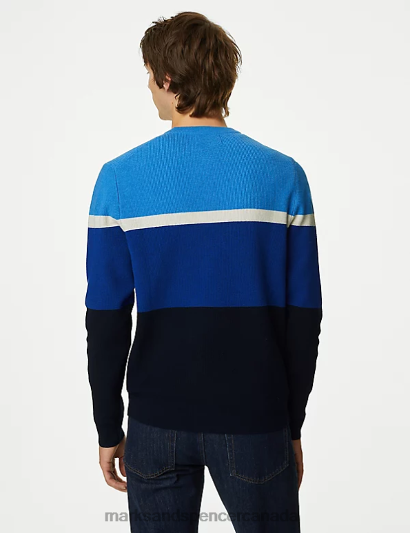 Marks and Spencer Canada - Men Blue Mix Clothing Marks & Spencer Cotton Blend Block Stripe Crew Neck Jumper 20VTD5354