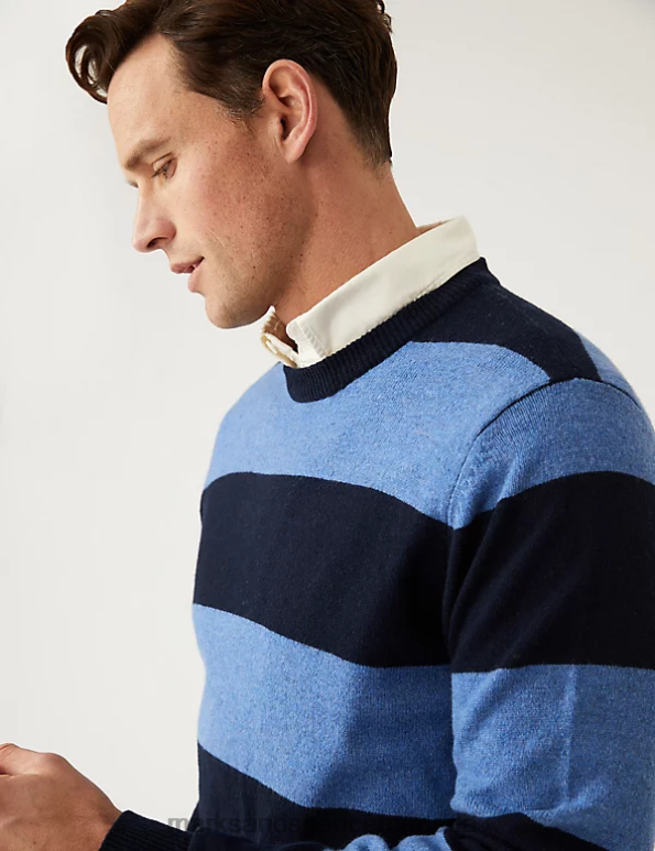 Men Blue Mix Clothing Marks & Spencer Pure Extra Fine Lambswool Striped Jumper 20VTD6552 - Marks and Spencer outlet