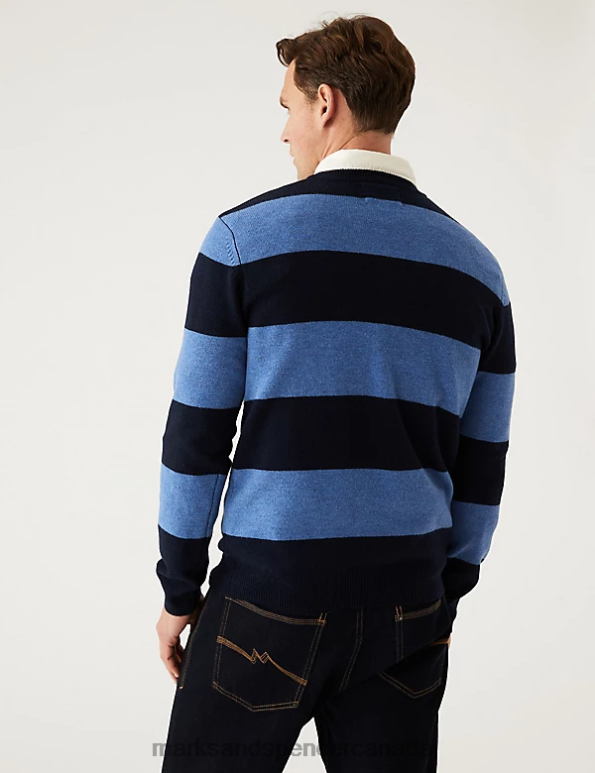 Men Blue Mix Clothing Marks & Spencer Pure Extra Fine Lambswool Striped Jumper 20VTD6552 - Marks and Spencer outlet