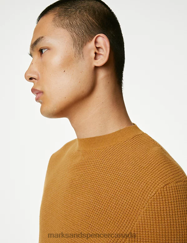 Men Bright Yellow Clothing Marks & Spencer Cotton Blend Textured Crew Neck Jumper 20VTD7122 - Marks and Spencer Canada locations