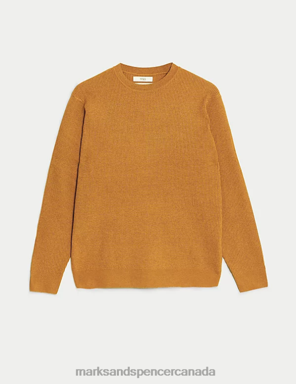 Men Bright Yellow Clothing Marks & Spencer Cotton Blend Textured Crew Neck Jumper 20VTD7122 - Marks and Spencer Canada locations