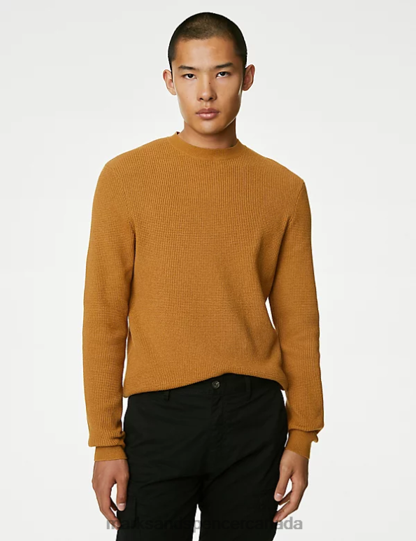 Men Bright Yellow Clothing Marks & Spencer Cotton Blend Textured Crew Neck Jumper 20VTD7122 - Marks and Spencer Canada locations