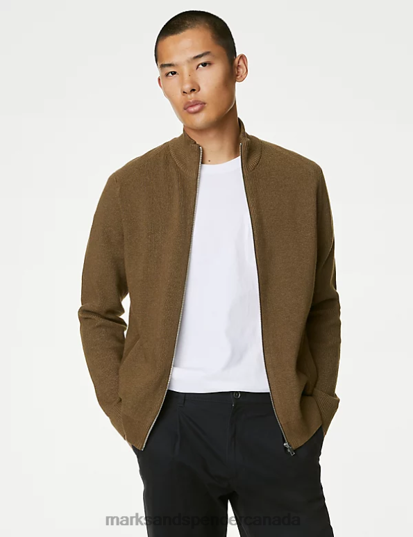 Men Caramel Clothing Marks & Spencer Cotton Blend Funnel Neck Zip Up Jumper 20VTD5995 - Marks and Spencer Canada locations
