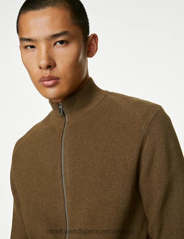 Men Caramel Clothing Marks & Spencer Cotton Blend Funnel Neck Zip Up Jumper 20VTD5995 - Marks and Spencer Canada locations