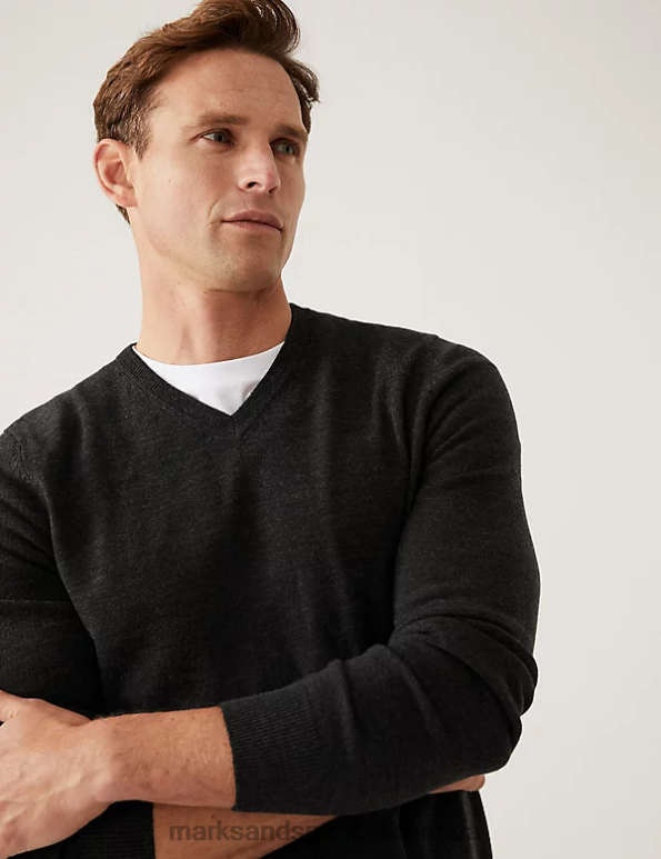 Marks and Spencer near me - Men Charcoal Clothing Marks & Spencer Cashmilon V-Neck Jumper 20VTD6011