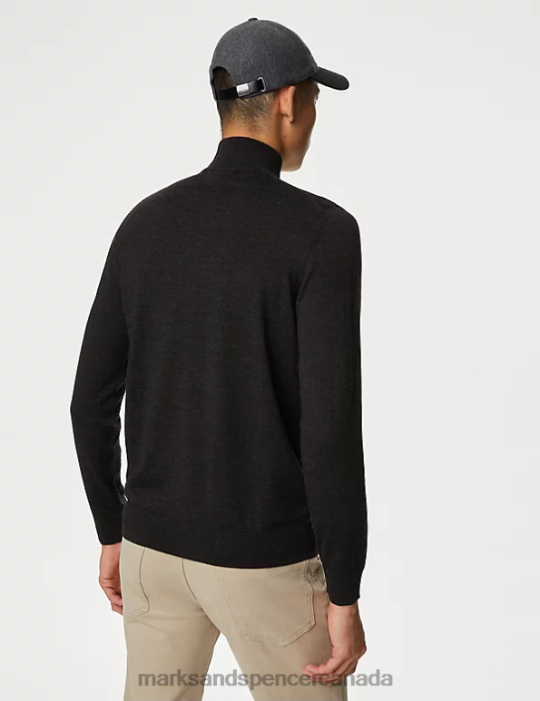 Marks and Spencer Canada - Men Charcoal Clothing Marks & Spencer Pure Extra Fine Merino Wool Half Zip Jumper 20VTD6576