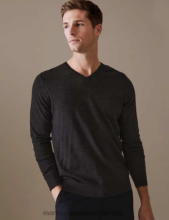 Men Charcoal Clothing Marks & Spencer Pure Extra Fine Merino Wool V-Neck Jumper 20VTD5571 - Marks and Spencer online