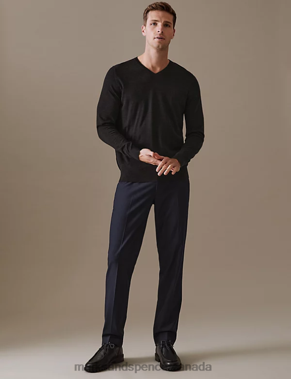 Men Charcoal Clothing Marks & Spencer Pure Extra Fine Merino Wool V-Neck Jumper 20VTD5571 - Marks and Spencer online