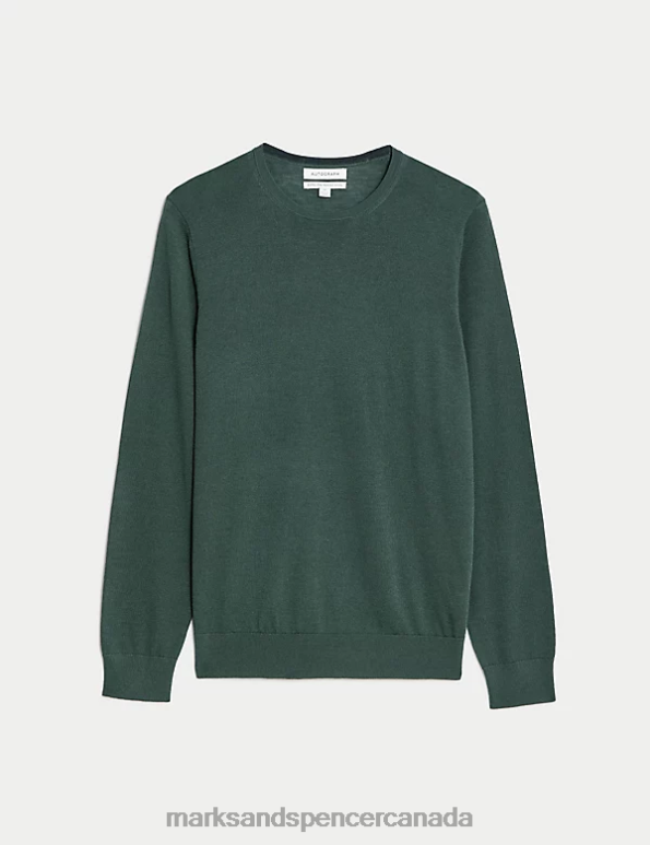 Men Dark Evergreen Clothing Marks & Spencer Pure Extra Fine Merino Wool Crew Neck Jumper 20VTD5330 - Marks and Spencer online