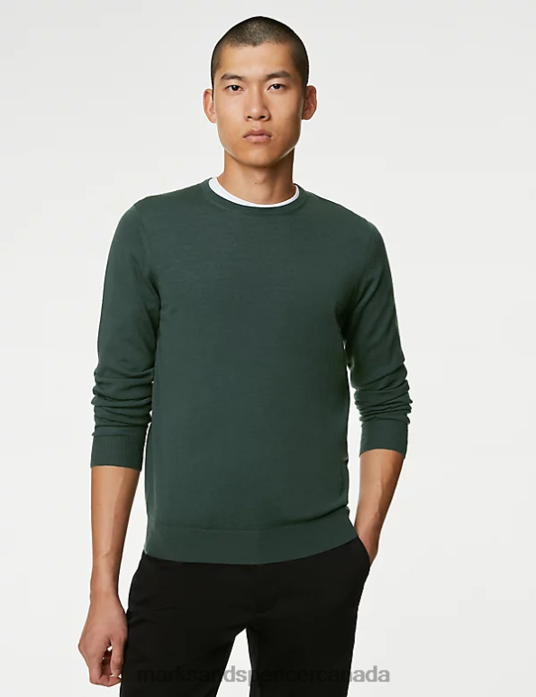 Men Dark Evergreen Clothing Marks & Spencer Pure Extra Fine Merino Wool Crew Neck Jumper 20VTD5330 - Marks and Spencer online