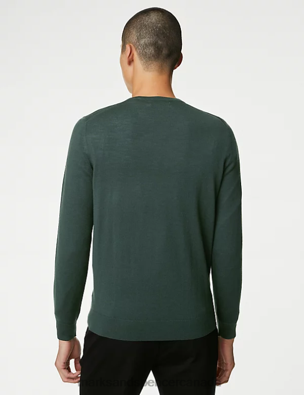 Men Dark Evergreen Clothing Marks & Spencer Pure Extra Fine Merino Wool Crew Neck Jumper 20VTD5330 - Marks and Spencer online