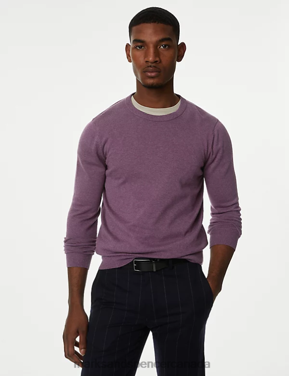 Men Dark Grape Clothing Marks & Spencer Pure Cotton Crew Neck Jumper 20VTD7519 - Marks and Spencer outlet
