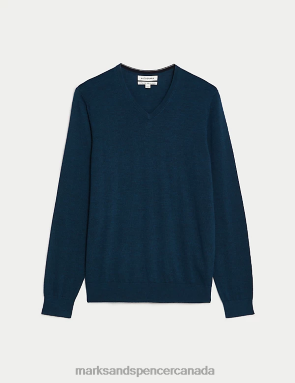 Marks and Spencer near me - Men Dark Kingfisher Clothing Marks & Spencer Pure Extra Fine Merino Wool V-Neck Jumper 20VTD5575