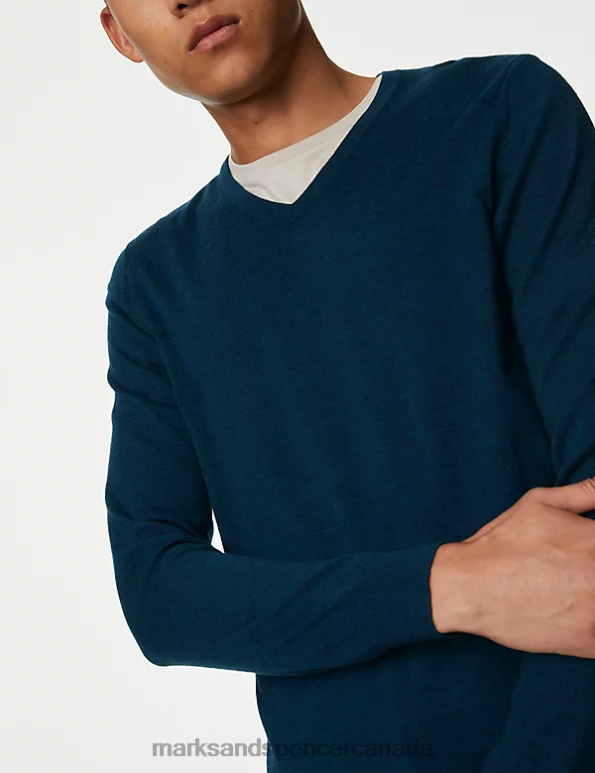 Marks and Spencer near me - Men Dark Kingfisher Clothing Marks & Spencer Pure Extra Fine Merino Wool V-Neck Jumper 20VTD5575