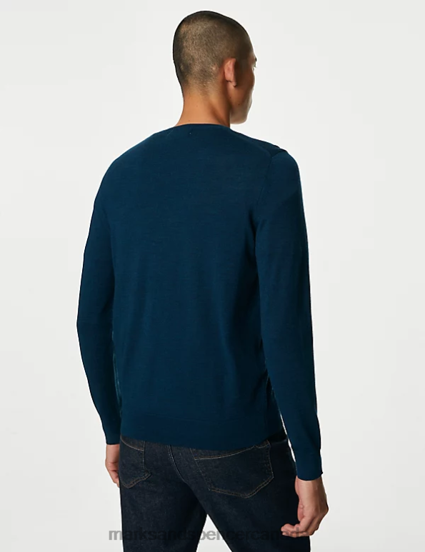Marks and Spencer near me - Men Dark Kingfisher Clothing Marks & Spencer Pure Extra Fine Merino Wool V-Neck Jumper 20VTD5575