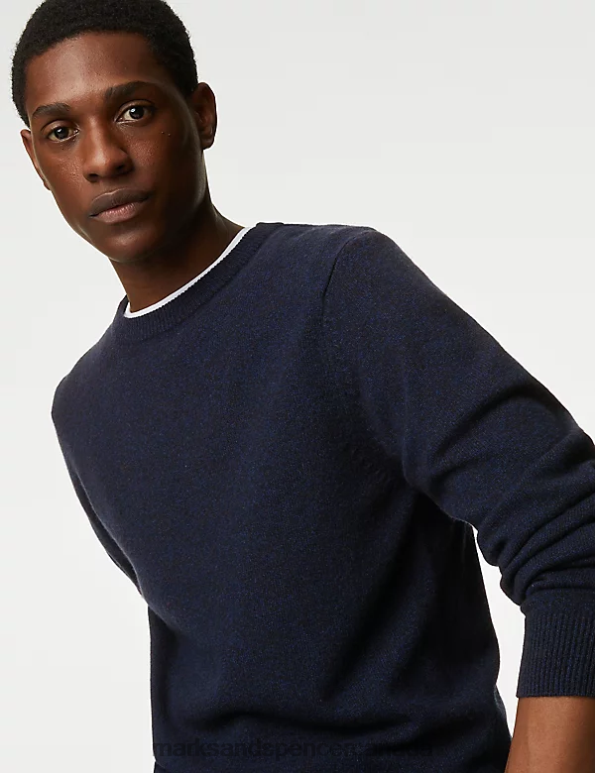 Men Dark Navy Clothing Marks & Spencer Pure Extra Fine Lambswool Crew Neck Jumper 20VTD7388 - Marks and Spencer online