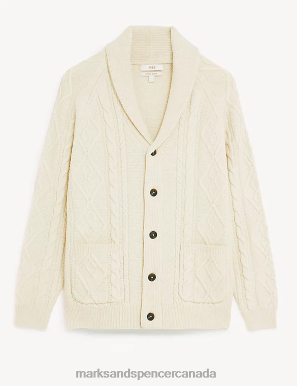 Men Ecru Clothing Marks & Spencer Cotton Blend Ribbed Shawl Collar Cardigan 20VTD6827 - Marks and Spencer Canada locations
