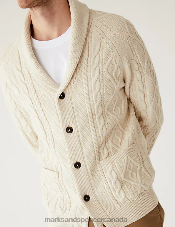 Men Ecru Clothing Marks & Spencer Cotton Blend Ribbed Shawl Collar Cardigan 20VTD6827 - Marks and Spencer Canada locations