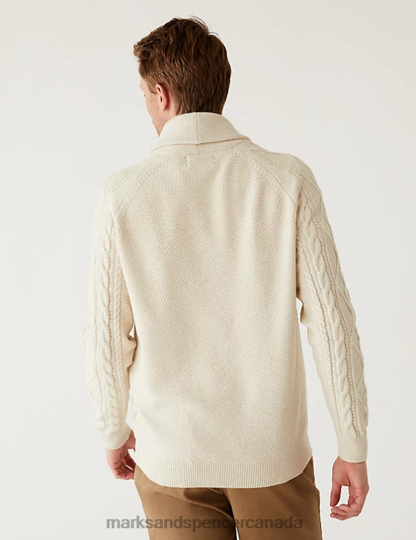 Men Ecru Clothing Marks & Spencer Cotton Blend Ribbed Shawl Collar Cardigan 20VTD6827 - Marks and Spencer Canada locations
