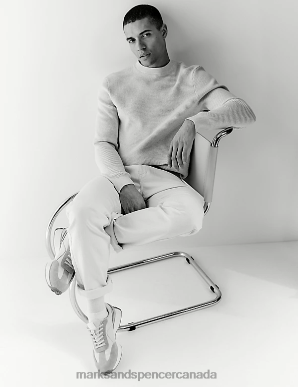 Men Ecru Clothing Marks & Spencer Cotton Blend Textured Crew Neck Jumper 20VTD6771 - Marks and Spencer online