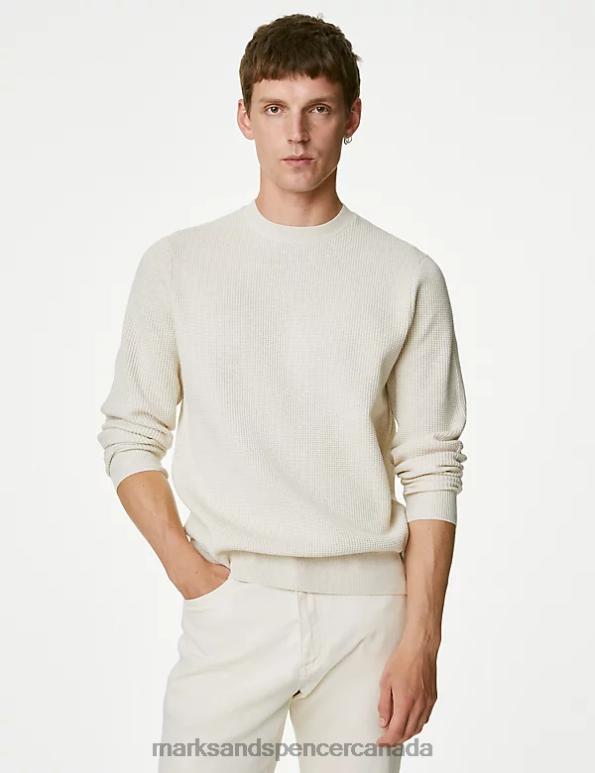 Men Ecru Clothing Marks & Spencer Cotton Blend Textured Crew Neck Jumper 20VTD6771 - Marks and Spencer online