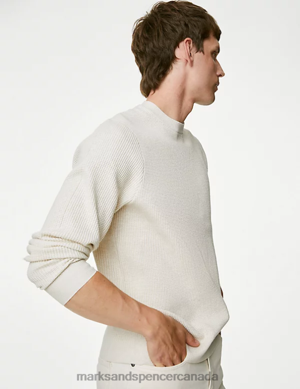 Men Ecru Clothing Marks & Spencer Cotton Blend Textured Crew Neck Jumper 20VTD6771 - Marks and Spencer online