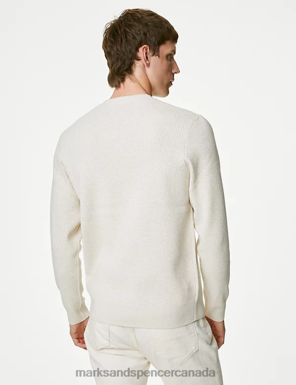 Men Ecru Clothing Marks & Spencer Cotton Blend Textured Crew Neck Jumper 20VTD6771 - Marks and Spencer online