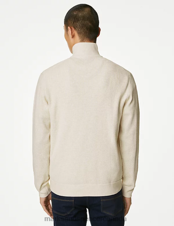 Marks and Spencer sale - Men Ecru Clothing Marks & Spencer Cotton Blend Textured Half Zip Jumper 20VTD5864