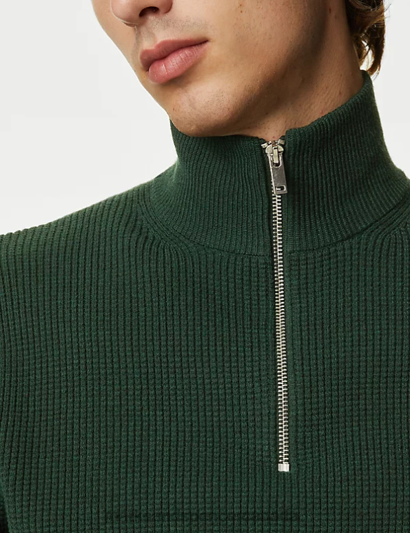 Marks and Spencer Canada - Men Green Clothing Marks & Spencer Cotton Blend Textured Half Zip Jumper 20VTD5862