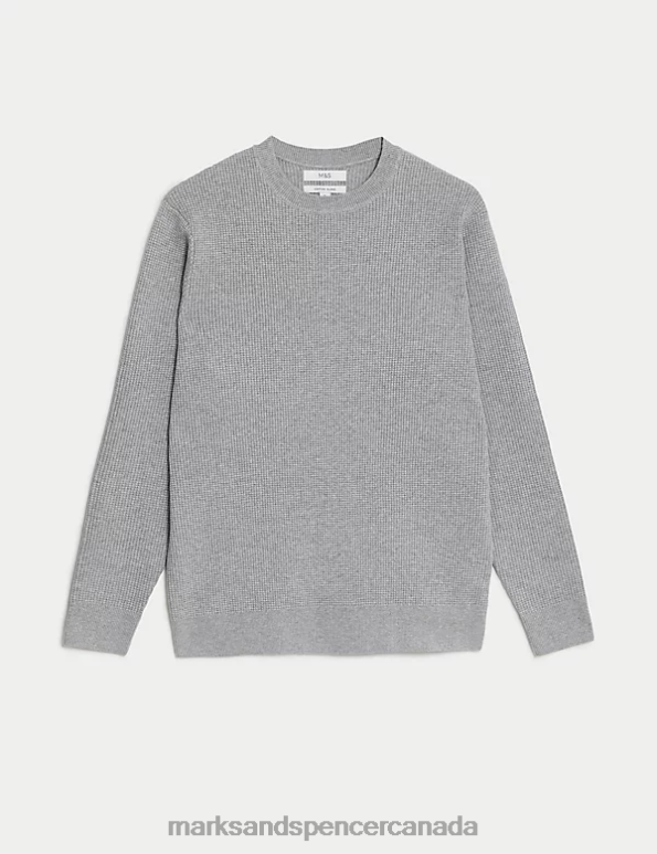 Men Grey Clothing Marks & Spencer Cotton Blend Textured Crew Neck Jumper 20VTD7123 - Marks and Spencer outlet