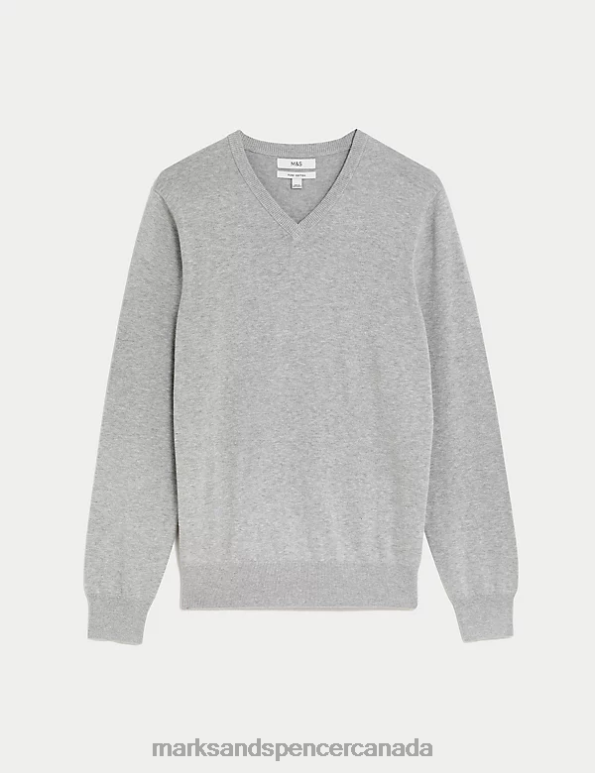 Marks and Spencer Canada - Men Light Grey Clothing Marks & Spencer Pure Cotton V-Neck Knitted Jumper 20VTD7204