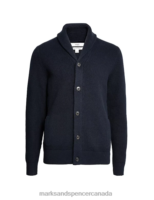 Marks and Spencer Canada - Men Navy Clothing Marks & Spencer Cotton Blend Textured Shawl Collar Cardigan 20VTD6347