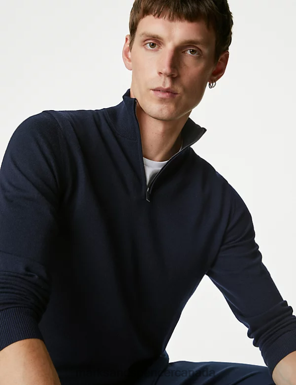 Men Navy Clothing Marks & Spencer Pure Extra Fine Merino Wool Half Zip Jumper 20VTD6210 - Marks and Spencer outlet
