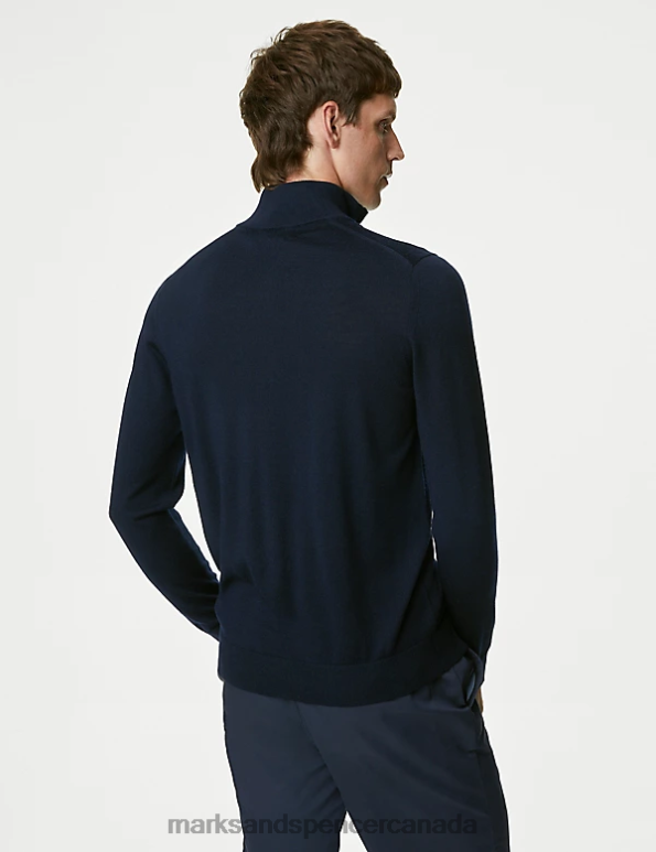Men Navy Clothing Marks & Spencer Pure Extra Fine Merino Wool Half Zip Jumper 20VTD6210 - Marks and Spencer outlet