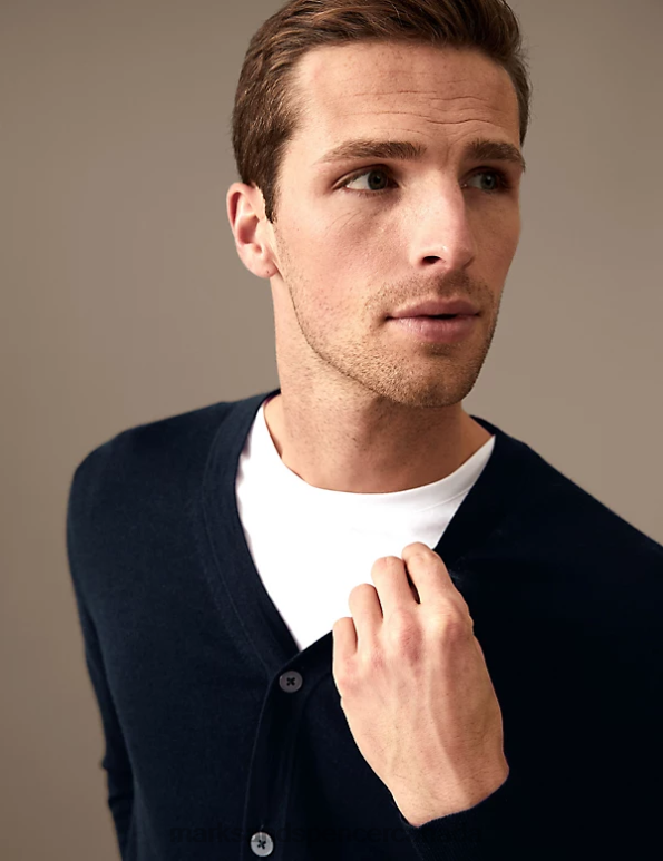 Men Navy Clothing Marks & Spencer Pure Extra Fine Merino Wool V-Neck Cardigan 20VTD6995 - Marks and Spencer online
