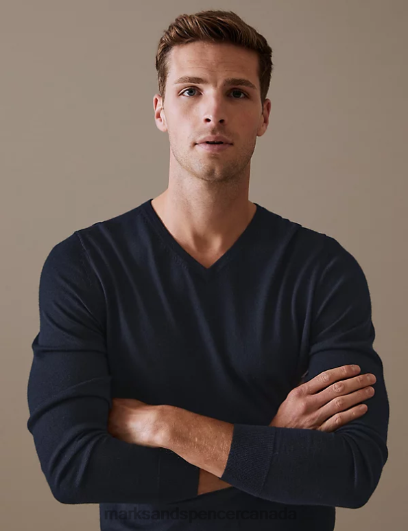 Men Navy Clothing Marks & Spencer Pure Extra Fine Merino Wool V-Neck Jumper 20VTD5573 - Marks and Spencer outlet